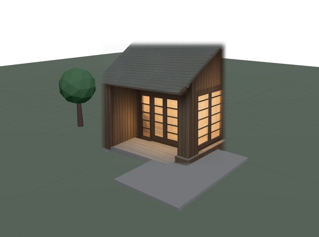 The blockout rendered as a craftsman bungalow in evening light inside the mask