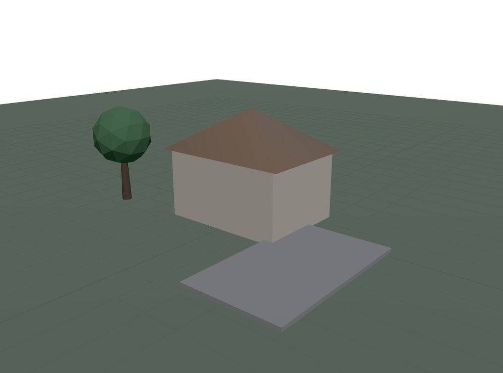 A simple 3D blockout of a house on a lawn